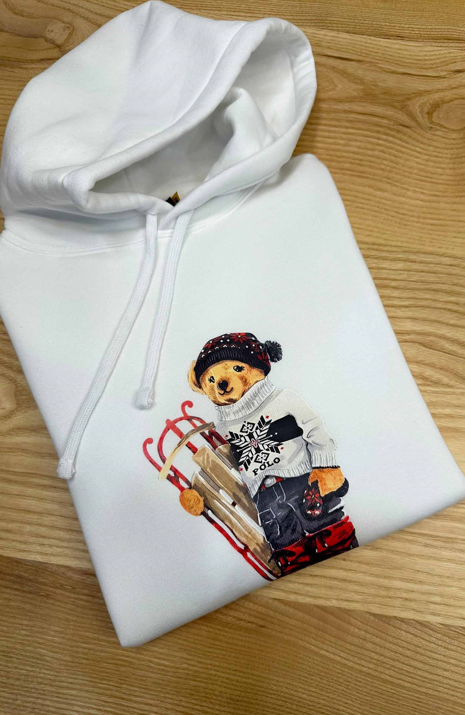 MEN2302 BEAR BASKILI KAPÜŞONLU BEYAZ SWEAT