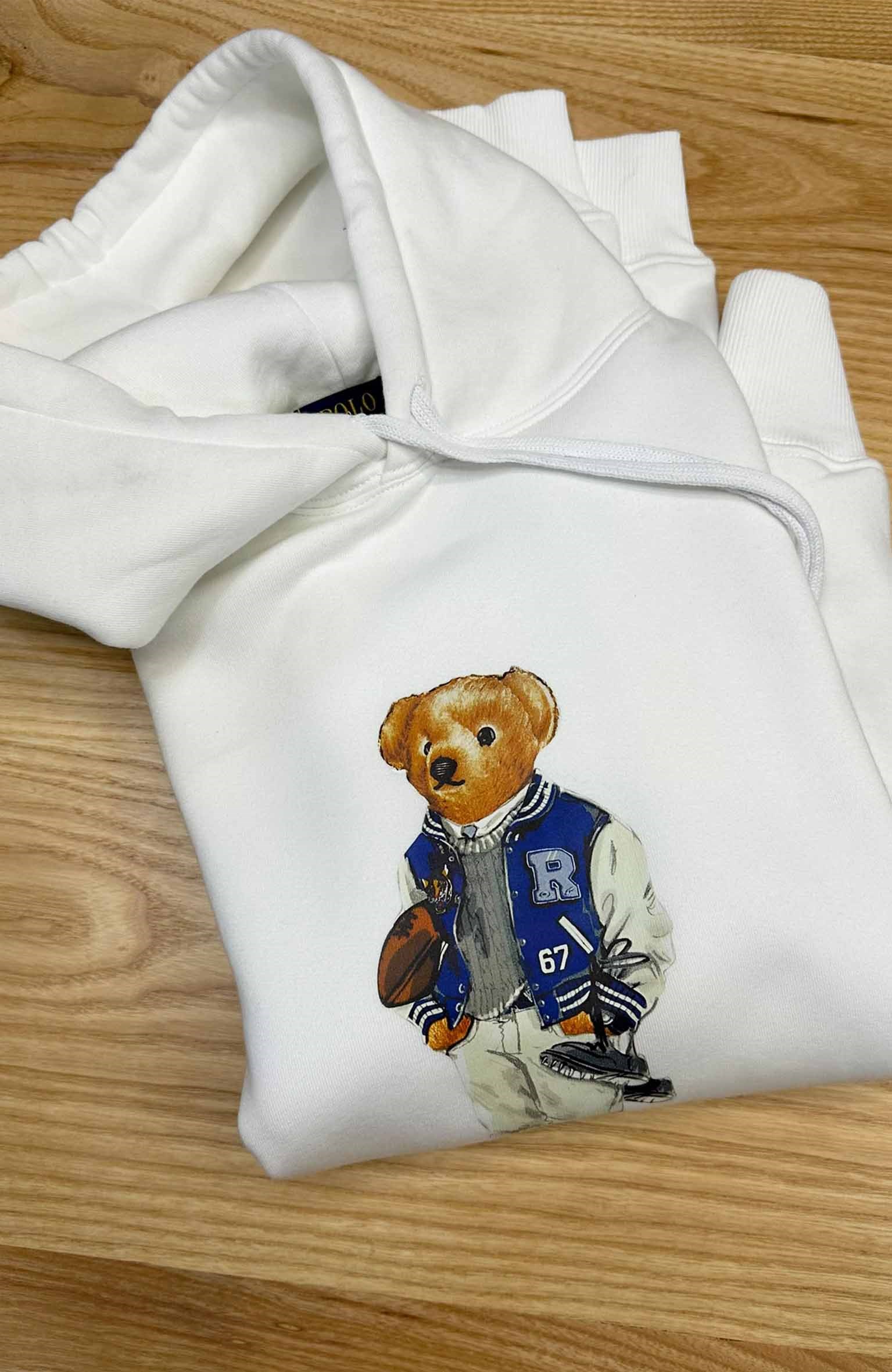 MEN2343 PRL BEAR BASKILI KAPÜŞONLU BEYAZ SWEAT