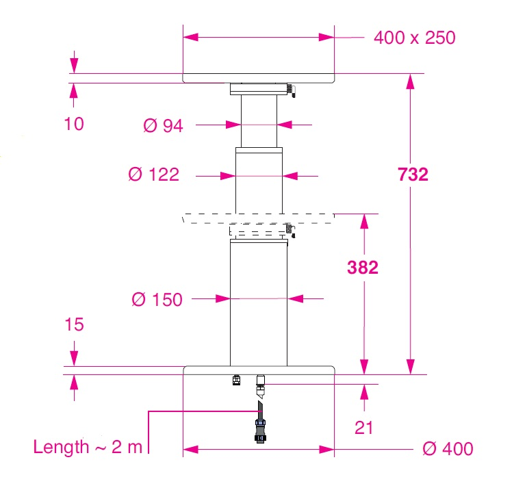 Barka Elektrikli, Döner Tablalı  Masa Ayağı. 24V. 2 Kademe - 732mm