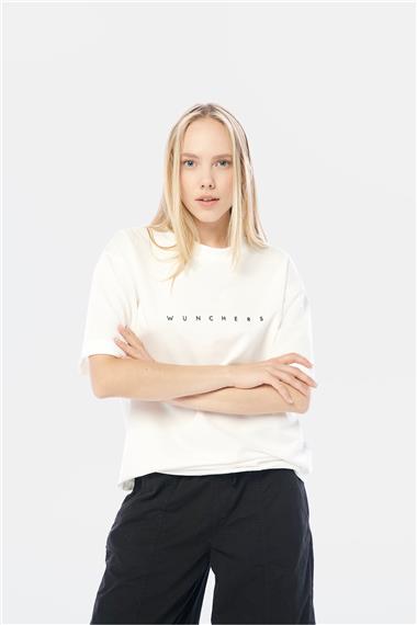 Logo Baskılı Ekru Basic T-Shirt