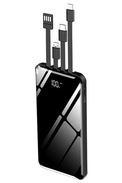 10.000 Mah Prime Dijital Göstergeli Dahili Çoklu Kablolu Powerbank, Taşınabilir Siyah Şarj