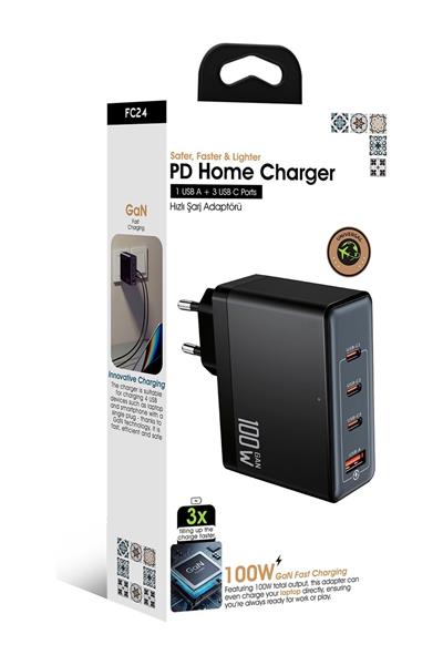 100WHızlı Şarj Adaptörü 3x Usb-C + 1x Usb-A Çoklu Port | Laptop & Telefon Uyumlu | Pd Power Delivery
