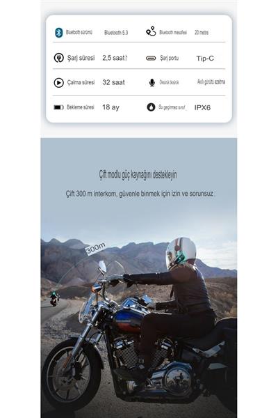 2 Intercom Bağlantılı Su Geçirmez Motosiklet Kask Bluetooth 5.3 300m Intercoom 2.000mah