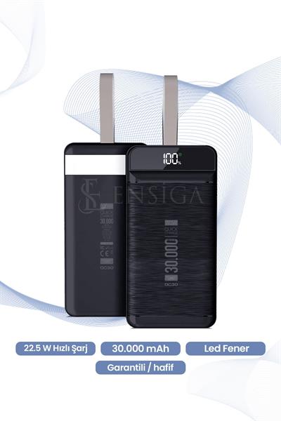 22.5 W Hızlı Şarj Gerçek PD 30.000 mAh Garantili Led Fener Dijital Siyah Taşınabilir Powerbank