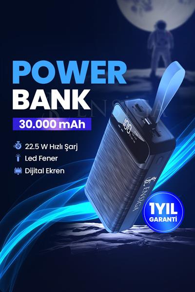 22.5 W Hızlı Şarj Gerçek PD 30.000 mAh Garantili Led Fener Dijital Siyah Taşınabilir Powerbank