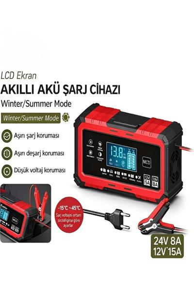 24V/8A 12V/15A Akıllı Akü Şarj ve Onarım Cihazı Yaz-Kış Modlu LCD Ekranlı Start Stop