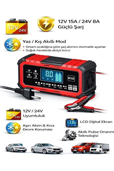 24V/8A 12V/15A Akıllı Akü Şarj ve Onarım Cihazı Yaz-Kış Modlu LCD Ekranlı Start Stop