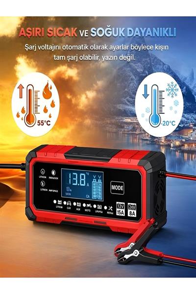 24V/8A 12V/15A Akıllı Akü Şarj ve Onarım Cihazı Yaz-Kış Modlu LCD Ekranlı Start Stop