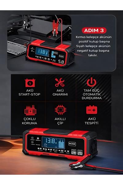 24V/8A 12V/15A Akıllı Akü Şarj ve Onarım Cihazı Yaz-Kış Modlu LCD Ekranlı Start Stop