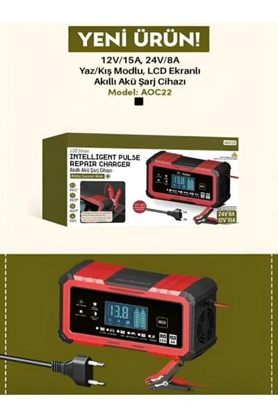 24V/8A 12V/15A Akıllı Akü Şarj ve Onarım Cihazı Yaz-Kış Modlu LCD Ekranlı Start Stop