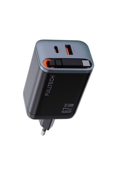 67W Hızlı Şarj Adaptörü Dahili Retractable Usb-C Kablo + Usb-A Çıkış Telefon Tablet ve Laptop Uyumlu