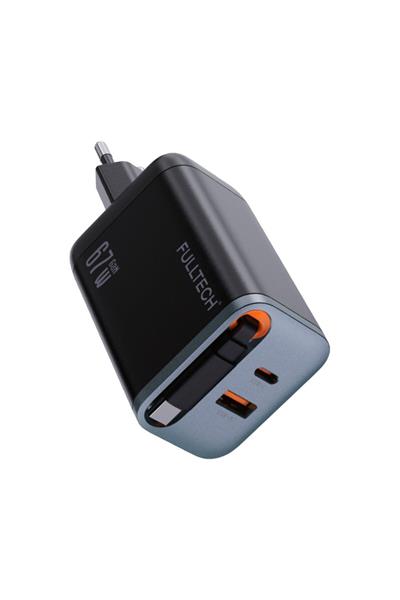 67W Hızlı Şarj Adaptörü Dahili Retractable Usb-C Kablo + Usb-A Çıkış Telefon Tablet ve Laptop Uyumlu