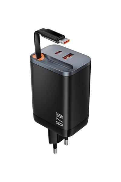 67W Hızlı Şarj Adaptörü Dahili Retractable Usb-C Kablo + Usb-A Çıkış Telefon Tablet ve Laptop Uyumlu