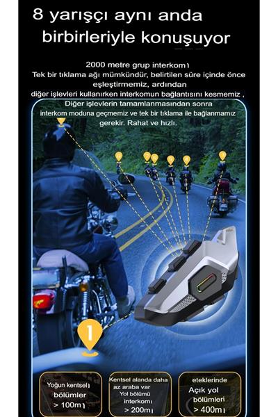 8 Intercoom Bağlantılı 2024 Yeni Nesil 2.000mt Waterproof Fm Radyolu Kask Intercom Kulaklık