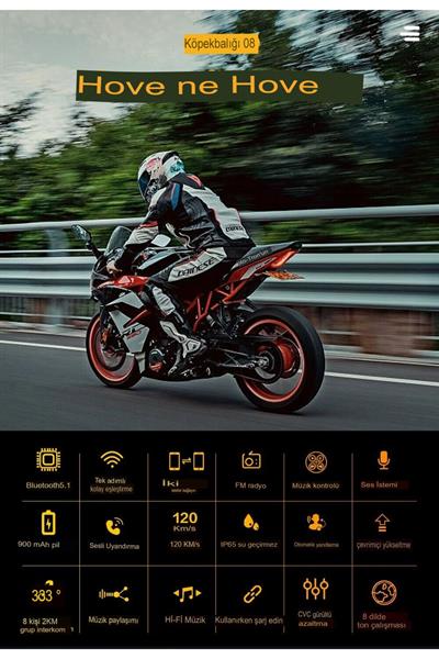 8 Kişi Bağlantılı Radyolu Waterproof Motosiklet Kask Intercom 5.1Bluetooth 2.000Mt Intercoom