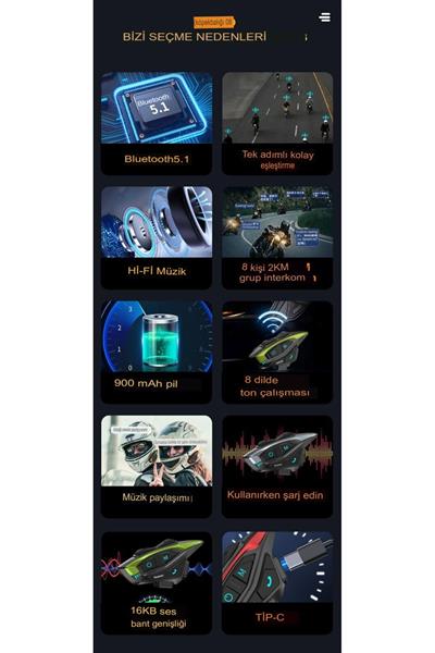 8 Kişi Bağlantılı Radyolu Waterproof Motosiklet Kask Intercom 5.1Bluetooth 2.000Mt Intercoom