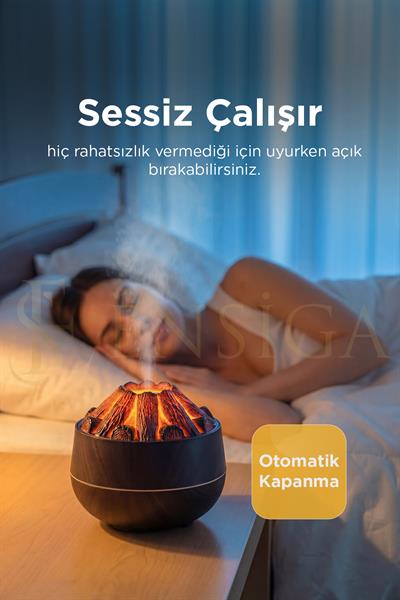 Ahşap Odun Ateşi Tasarımlı Hava Nemlendirici-Buhar Makinası-Aroma Difüzörü LED Işık 300ML