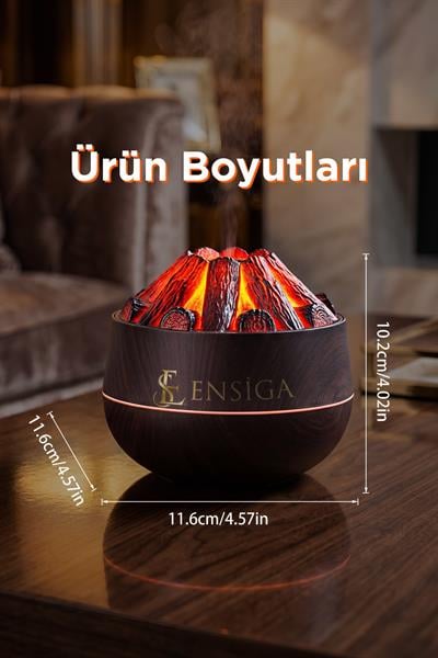 Ahşap Odun Ateşi Tasarımlı Hava Nemlendirici-Buhar Makinası-Aroma Difüzörü LED Işık 300ML