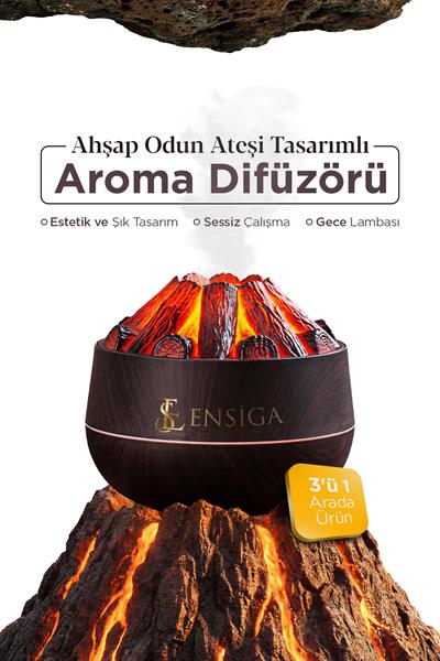 Ahşap Odun Ateşi Tasarımlı Hava Nemlendirici-Buhar Makinası-Aroma Difüzörü LED Işık 300ML