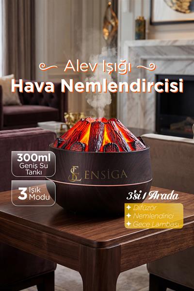 Ahşap Odun Ateşi Tasarımlı Hava Nemlendirici-Buhar Makinası-Aroma Difüzörü LED Işık 300ML