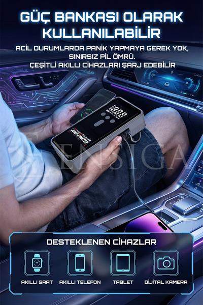 Akım Korumalı 16.000 Mah Akü Şarj Cihazı Çantalı Jump Starter Kompresör Powerbank