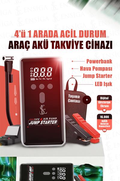 Akım Korumalı 16.000 Mah Akü Şarj Cihazı Çantalı Jump Starter Kompresör Powerbank