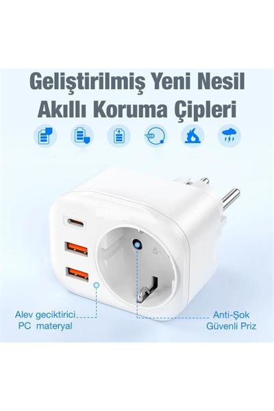 Akım Korumalı 4000w 1x Type C, 2x Usb Qc3.0, 1x 240v Priz Girişli Mega Hızlı Şarj Adaptörü