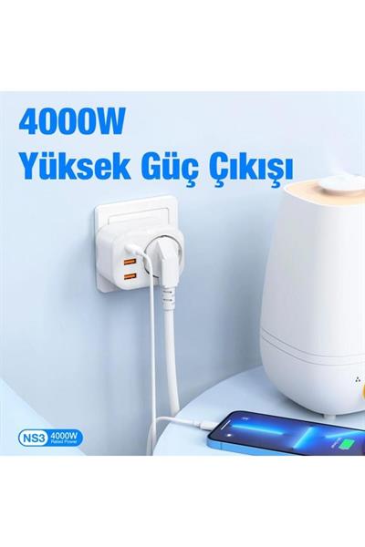 Akım Korumalı 4000w 1x Type C, 2x Usb Qc3.0, 1x 240v Priz Girişli Mega Hızlı Şarj Adaptörü