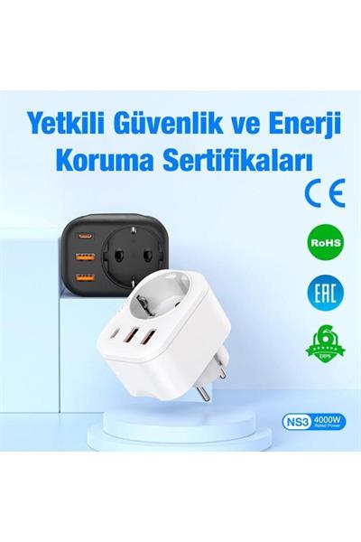 Akım Korumalı 4000w 1x Type C, 2x Usb Qc3.0, 1x 240v Priz Girişli Mega Hızlı Şarj Adaptörü