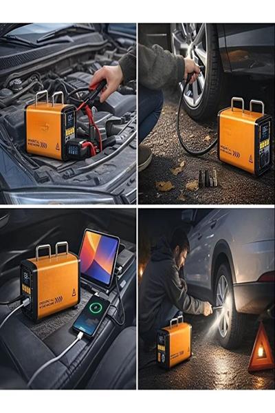 Akü Takviye Cihazı 16000mAh Hava Kompresörü 120PSI Lastik Şişirme Powerbank Acil Durum Seti