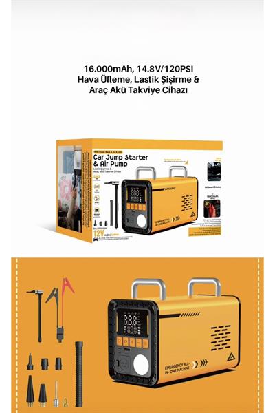 Akü Takviye Cihazı 16000mAh Hava Kompresörü 120PSI Lastik Şişirme Powerbank Acil Durum Seti