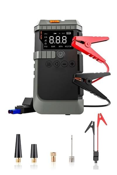 Akü Takviye Cihazı 45W ve 150 PSI Hava Kompresörü Jump Starter Lastik Şişirme Powerbank 12000mah