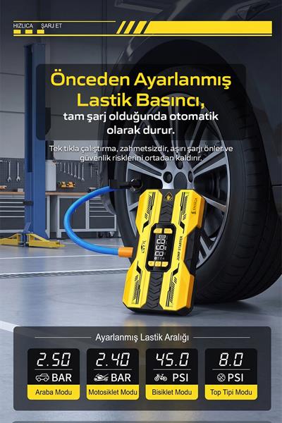 Akü Takviye Jump Starter & Lastik Şişirme Kompresörlü Taşınabilir Powerbank Araç Marş Cihazı