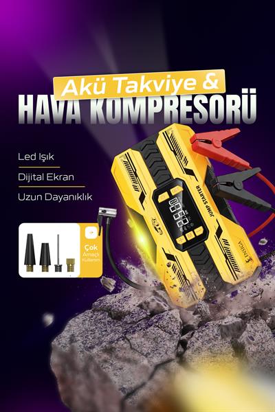 Akü Takviye Jump Starter & Lastik Şişirme Kompresörlü Taşınabilir Powerbank Araç Marş Cihazı