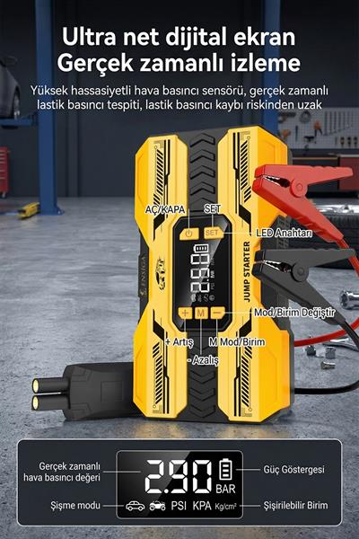 Akü Takviye Jump Starter & Lastik Şişirme Kompresörlü Taşınabilir Powerbank Araç Marş Cihazı