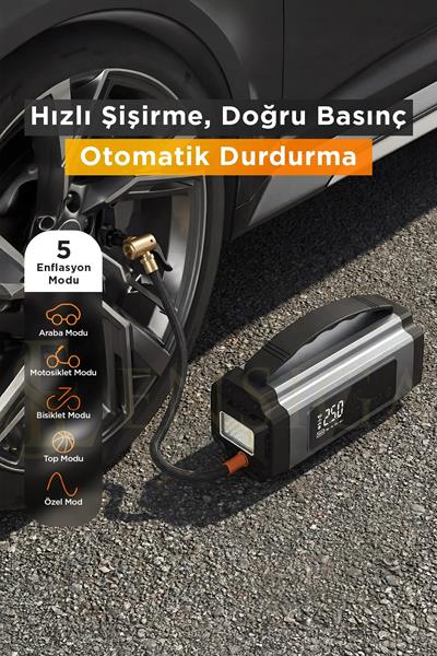 Araba Oto Araç Akü Takviyeli Kompresör 12000 mah Dijital Ekranlı Lastik Şişirme Hava Pompası