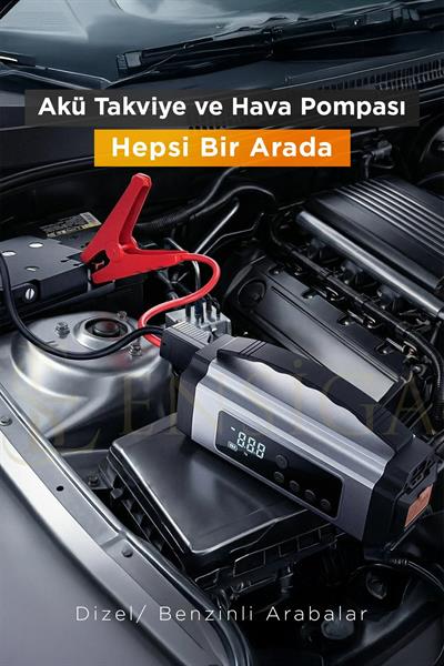 Araba Oto Araç Akü Takviyeli Kompresör 12000 mah Dijital Ekranlı Lastik Şişirme Hava Pompası