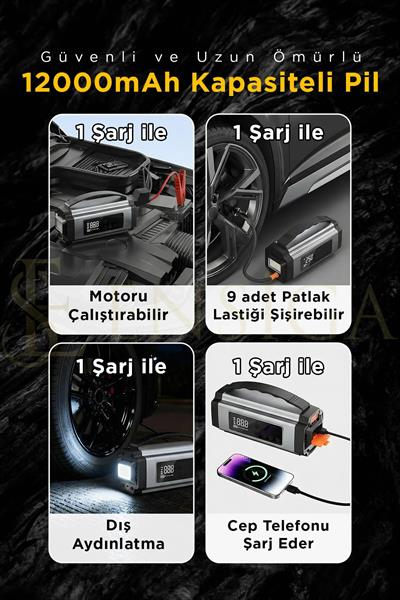 Araba Oto Araç Akü Takviyeli Kompresör 12000 mah Dijital Ekranlı Lastik Şişirme Hava Pompası