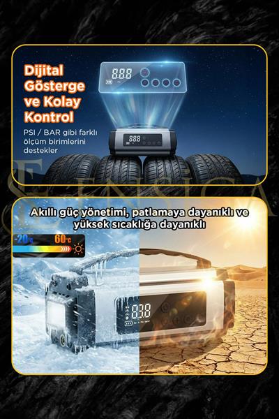 Araba Oto Araç Akü Takviyeli Kompresör 12000 mah Dijital Ekranlı Lastik Şişirme Hava Pompası