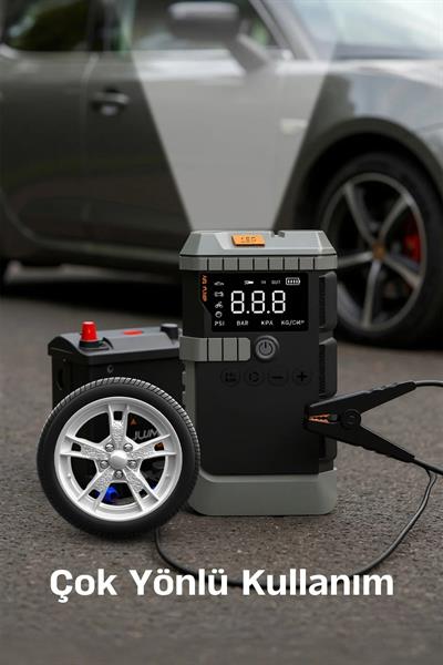 Araç Akü Şarj Takviyeli Işıklı 12.000mAh Hava Kompresörü Akü Takviye Cihazı 4ü 1 Arada