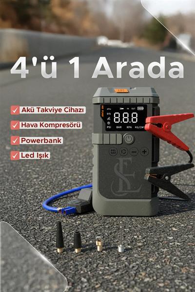Araç Akü Şarj Takviyeli Işıklı 12.000mAh Hava Kompresörü Akü Takviye Cihazı 4ü 1 Arada