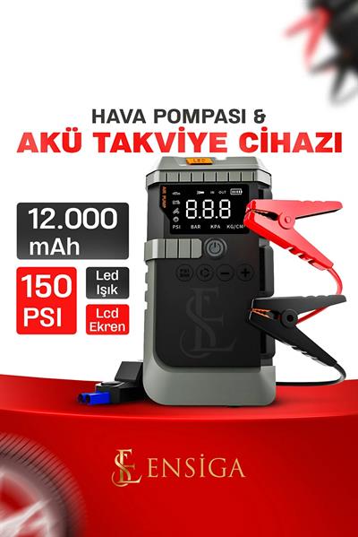 Araç Akü Şarj Takviyeli Işıklı 12.000mAh Hava Kompresörü Akü Takviye Cihazı 4ü 1 Arada