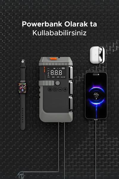 Araç Akü Şarj Takviyeli Işıklı 12.000mAh Hava Kompresörü Akü Takviye Cihazı 4ü 1 Arada