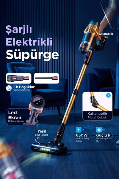 Araç İçi Şarjlı ve Katlanabilir 40Kpa Lcd Ekranlı 650W Gücünde Toz Işıklı Dikey Süpürge