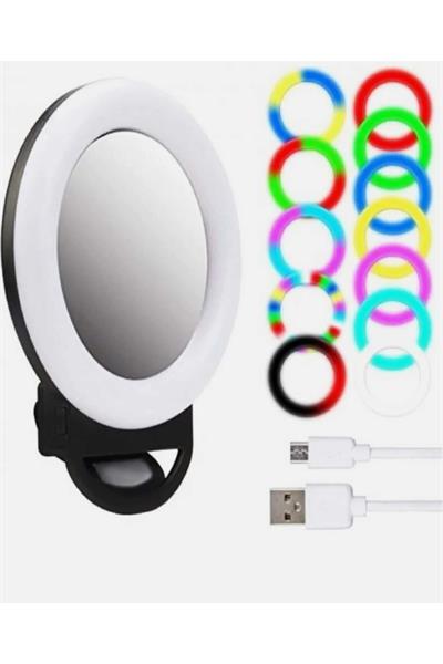 Aynalı RGB Renkli Şarjlı Ring Light Telefon İçin Klipsli Led Selfie Işığı