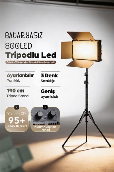 Bataryasız 800 Led Fotoğraf Stüdyo Vlog Röportoj Yayın Çekim Işığı Tripodlu Led