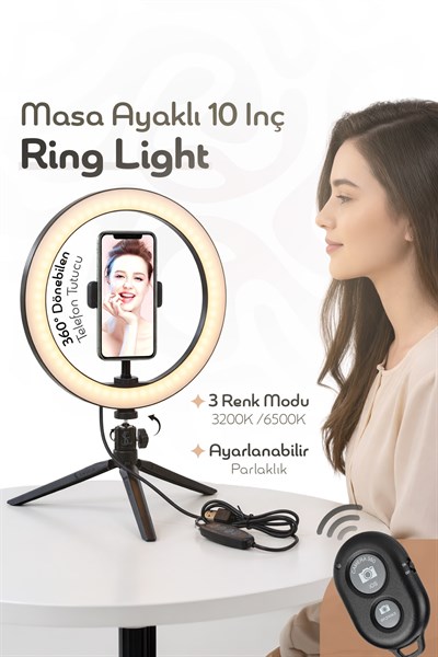 Bluetooth Kumandalı Masa Ayaklı 10 Inç Led Ring Lıght Influencer Youtuber Tiktok Makyaj Işığı