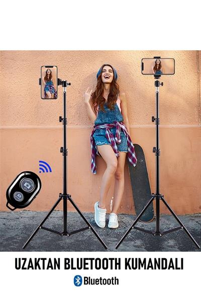 Bluetooth Kumandalı Tripod 2.1 Mt 360 Döner Başlıklı Telefon Tutucu Ring Light Stüdyo Lamba Ayağı