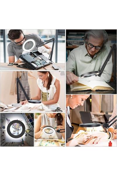 Büyüteçli Ring Light, LED büyüteç lambası, kıskaçlı, çalışma masası lambası, 3 renk modlu,