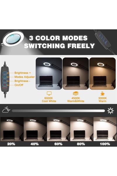 Büyüteçli Ring Light, LED büyüteç lambası, kıskaçlı, çalışma masası lambası, 3 renk modlu,